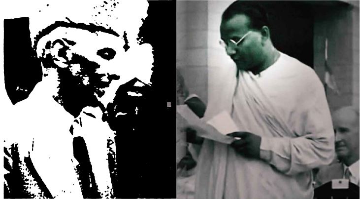 বাঁদিকে পাকিস্তানের প্রথম গভর্নর জেনারেল মোহাম্মদ আলি জিন্নাহ এবং ডানদিকে পাকিস্তানের আইনমন্ত্রী যোগেন্দ্রনাথ মণ্ডল