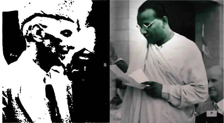 বাঁদিকে পাকিস্তানের প্রথম গভর্নর জেনারেল মোহাম্মদ আলি জিন্নাহ এবং ডানদিকে পাকিস্তানের আইনমন্ত্রী যোগেন্দ্রনাথ মণ্ডল