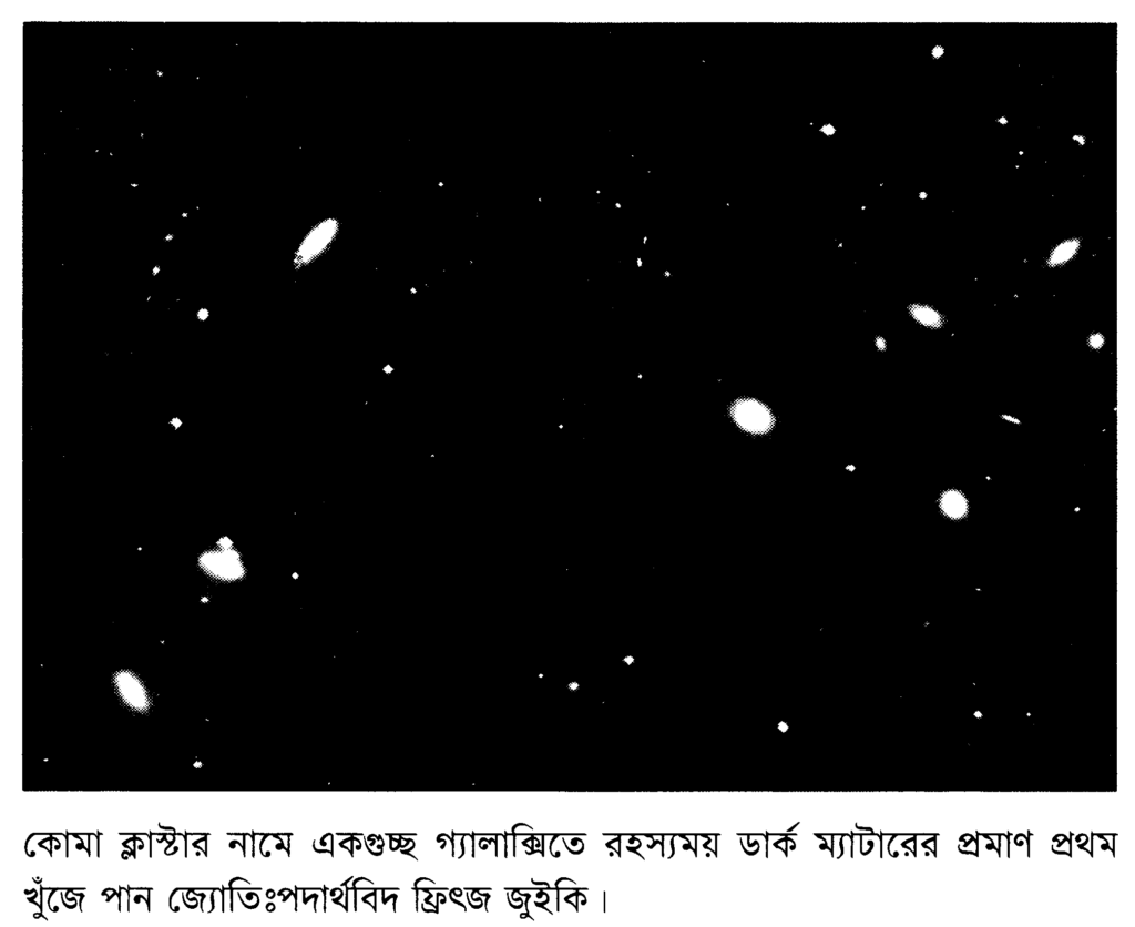 কোমা ক্লাস্টার নামে একগুচ্ছ গ্যালাক্সিতে রহস্যময় ডার্ক ম্যাটারের প্রমাণ প্ৰথম খুঁজে পান জ্যোতিঃপদার্থবিদ ফ্রিৎজ জুইকি।