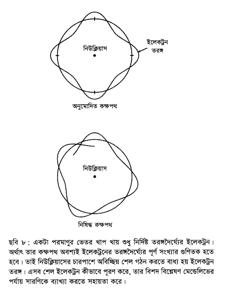 ছবি ৮ : একটা পরমাণুর ভেতর খাপ খায় শুধু নির্দিষ্ট তরঙ্গদৈর্ঘ্যের ইলেকট্রন